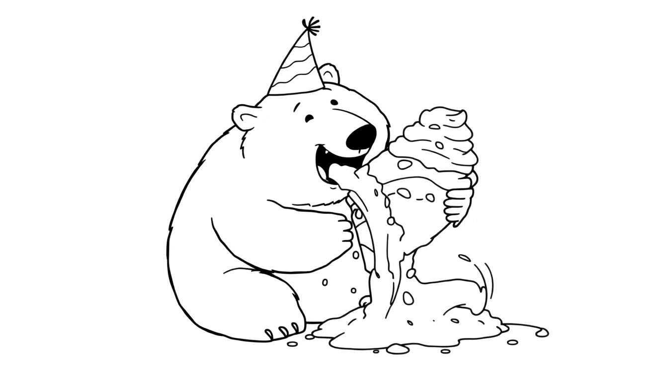 Un dibujo para colorear de un oso polar sonriente usando un gorro de fiesta y comiendo un helado que se está derritiendo y cayendo del cono.
