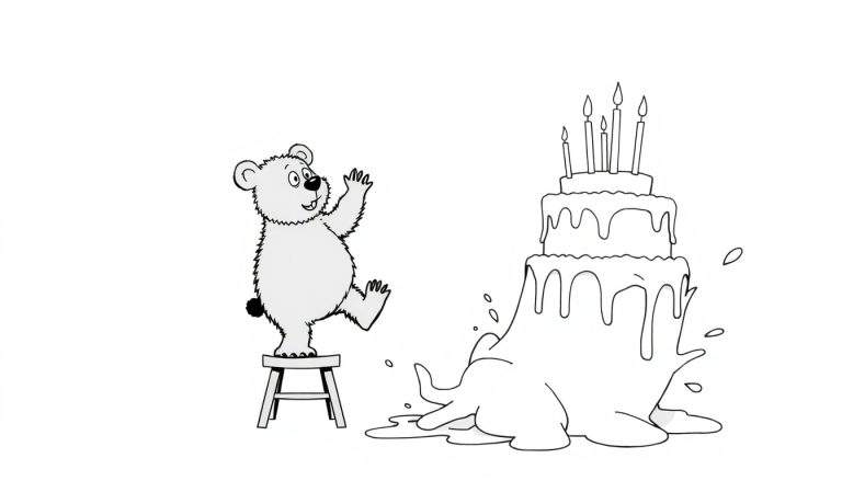 Página para colorear de un oso polar de dibujos animados saludando junto a un pastel de cumpleaños derretido.