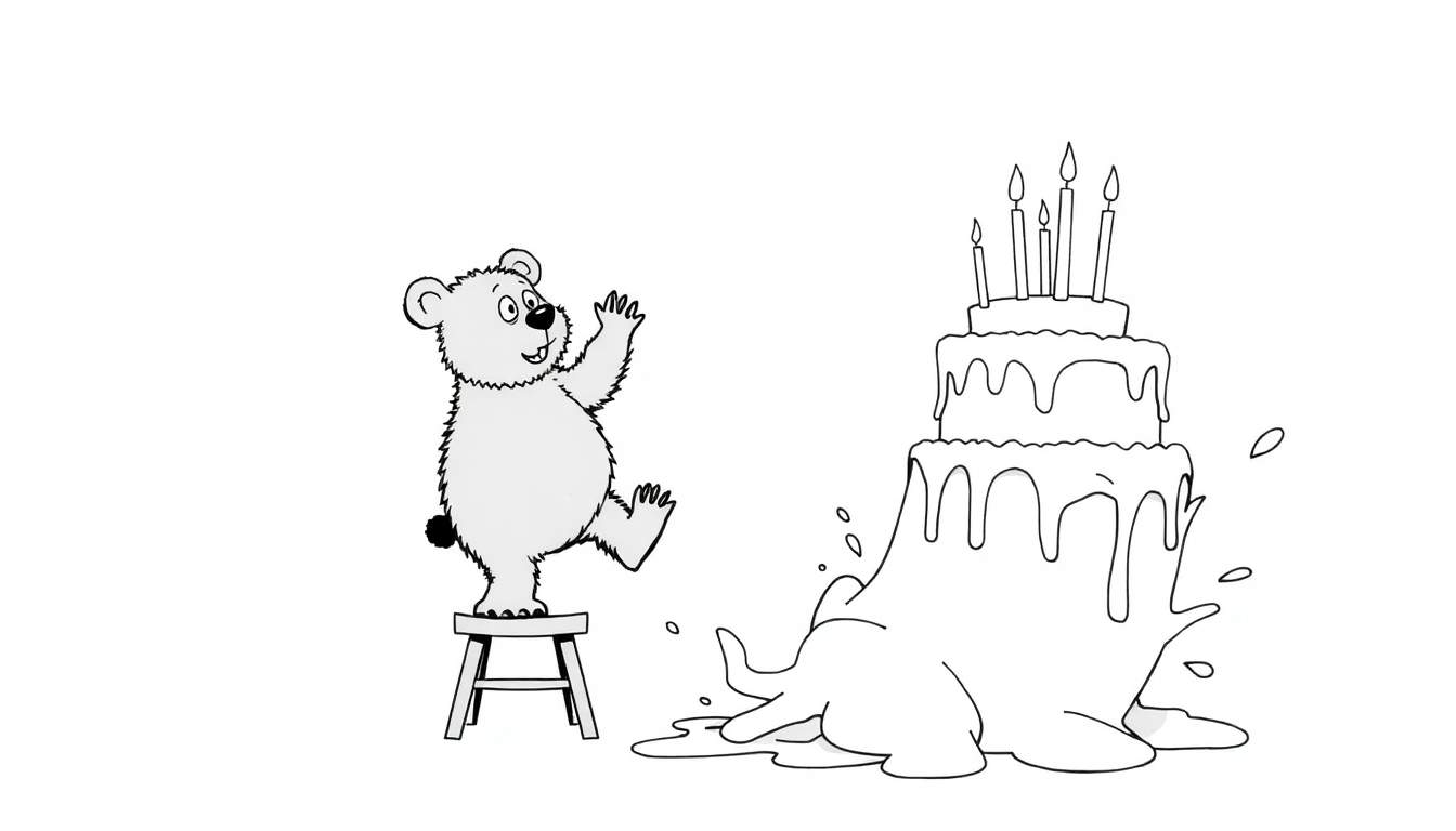 Página para colorear de un oso polar de dibujos animados saludando junto a un pastel de cumpleaños derretido.