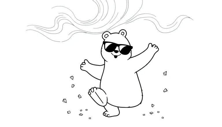 Oso blanco de dibujos animados con gafas de sol saltando y manos levantadas, rodeado de cristales y con ondas en la parte superior, listo para colorear.