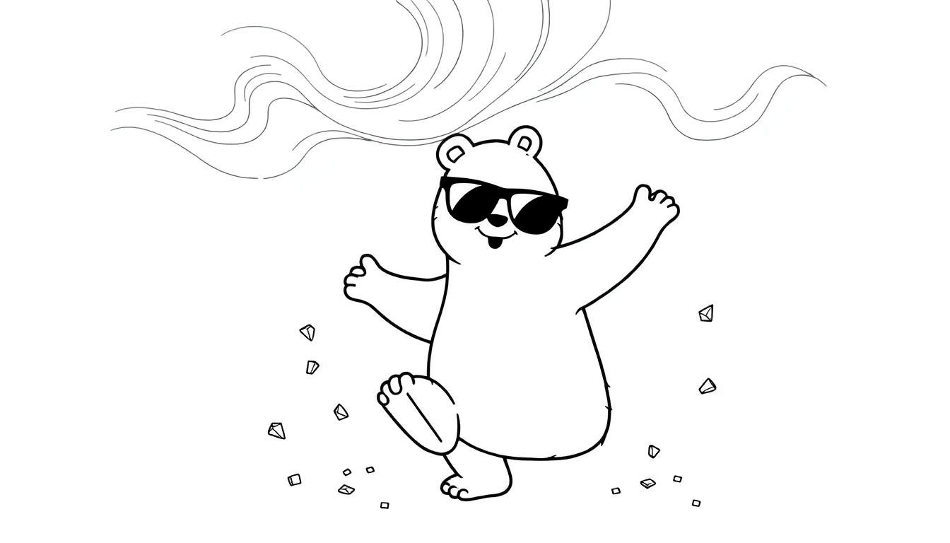 Oso blanco de dibujos animados con gafas de sol saltando y manos levantadas, rodeado de cristales y con ondas en la parte superior, listo para colorear.