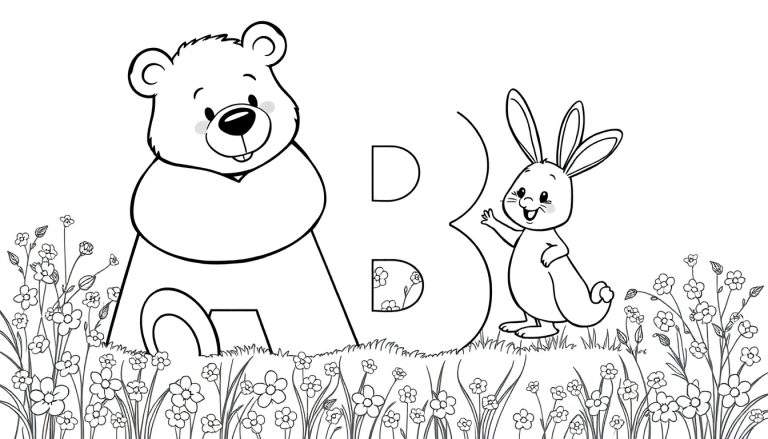 Ilustración para colorear de un oso grande a la izquierda, un conejo pequeño a la derecha, con flores, hierba y una letra B mayúscula gigante en el centro.