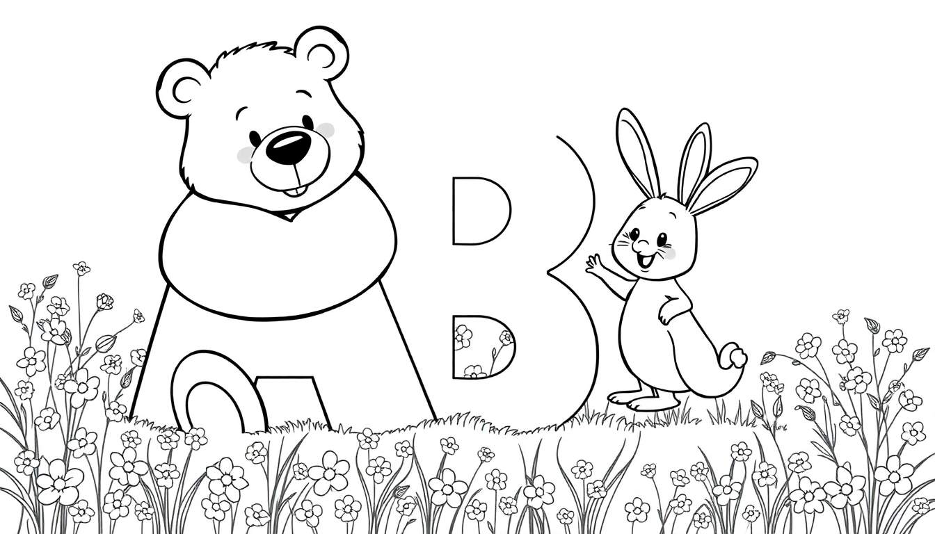 Ilustración para colorear de un oso grande a la izquierda, un conejo pequeño a la derecha, con flores, hierba y una letra B mayúscula gigante en el centro.