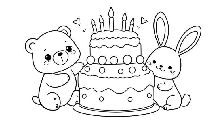 Página para colorear de un oso y un conejo sonrientes junto a un pastel de cumpleaños.