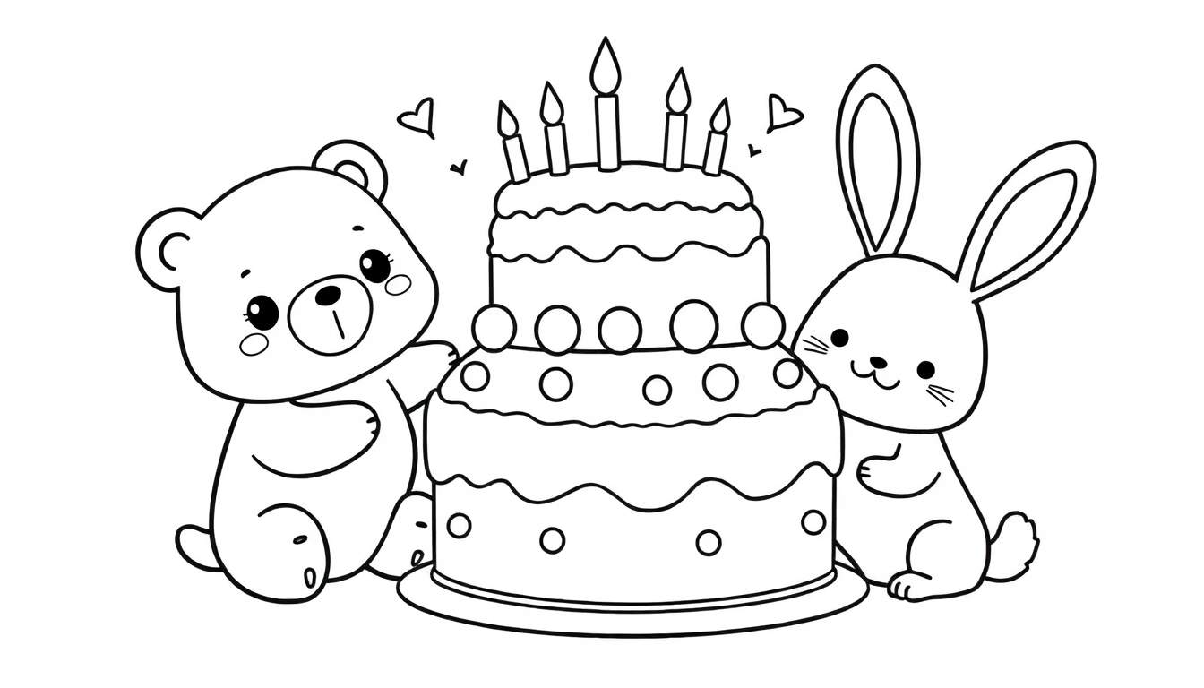 Página para colorear de un oso y un conejo sonrientes junto a un pastel de cumpleaños.