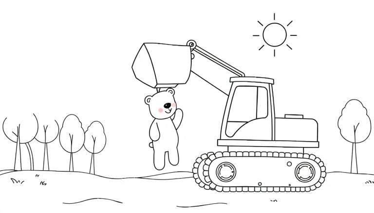 Página para colorear de un oso amigable saludando con una excavadora sobre su cabeza, un sol y árboles.
