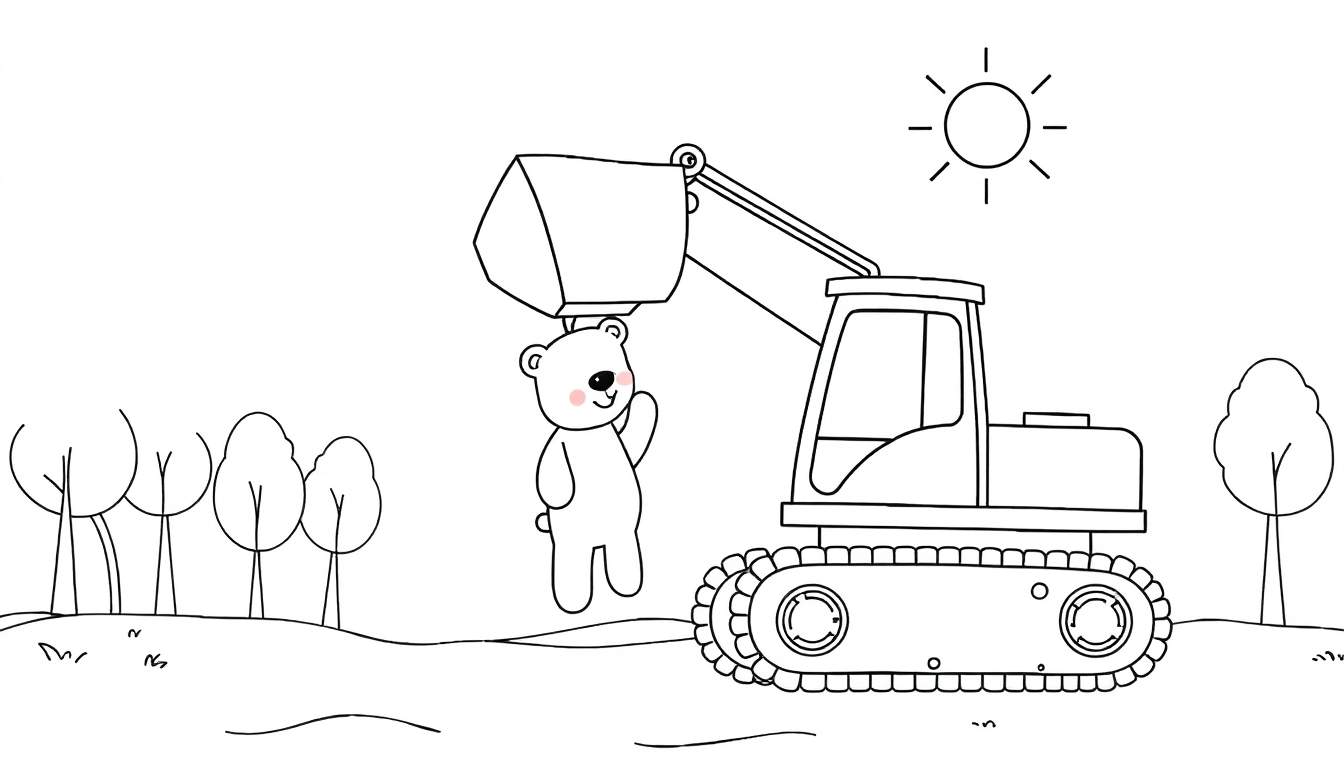 Página para colorear de un oso amigable saludando con una excavadora sobre su cabeza, un sol y árboles.