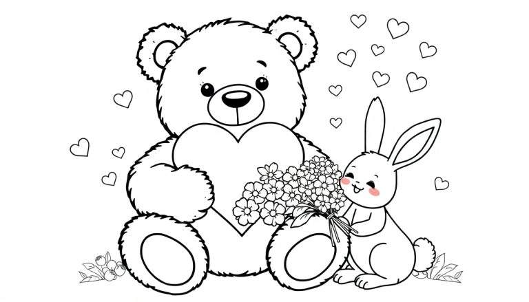 Dibujo lineal en blanco y negro de un oso de peluche y un conejo para colorear.