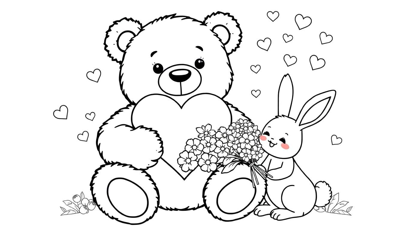 Dibujo lineal en blanco y negro de un oso de peluche y un conejo para colorear.