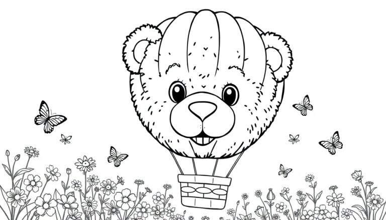 Página para colorear de un oso de peluche sonriente volando en un globo aerostático con forma de su cabeza, rodeado de mariposas, flores y un campo de flores silvestres.
