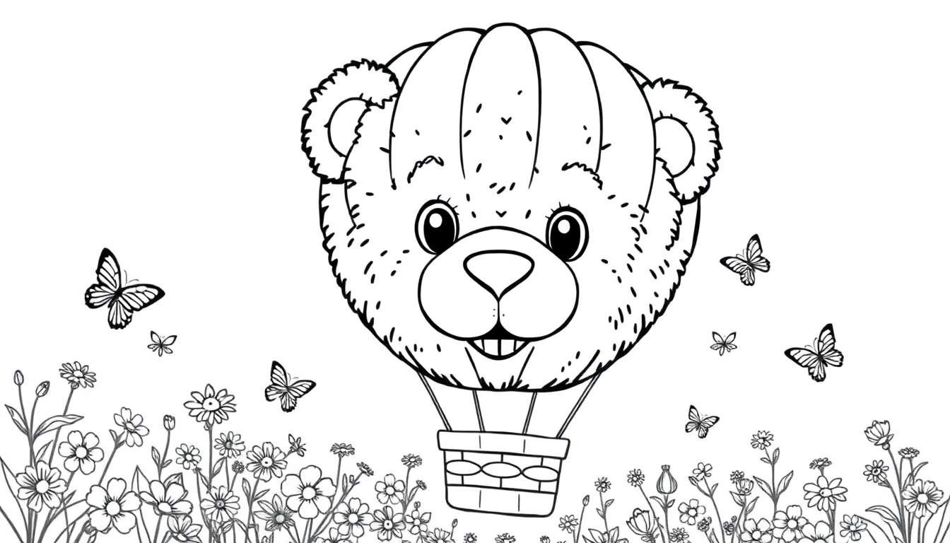 Página para colorear de un oso de peluche sonriente volando en un globo aerostático con forma de su cabeza, rodeado de mariposas, flores y un campo de flores silvestres.