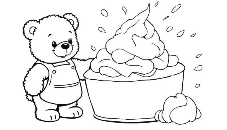 Página para colorear de un oso de peluche feliz con un gran helado en un tazón.
