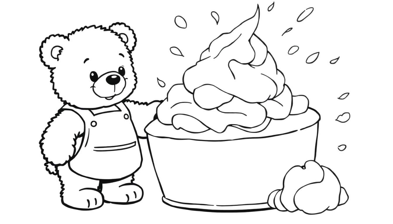 Página para colorear de un oso de peluche feliz con un gran helado en un tazón.