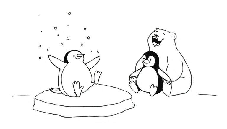 Dibujo para colorear de un oso polar riendo sentado con un pingüino en su regazo, y otro pingüino sentado a su lado en hielo.