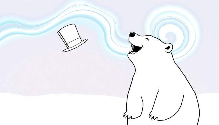 Dibujo para colorear de un oso polar sonriendo y soplando vapor azul y blanco con un sombrero de copa negro a un lado.