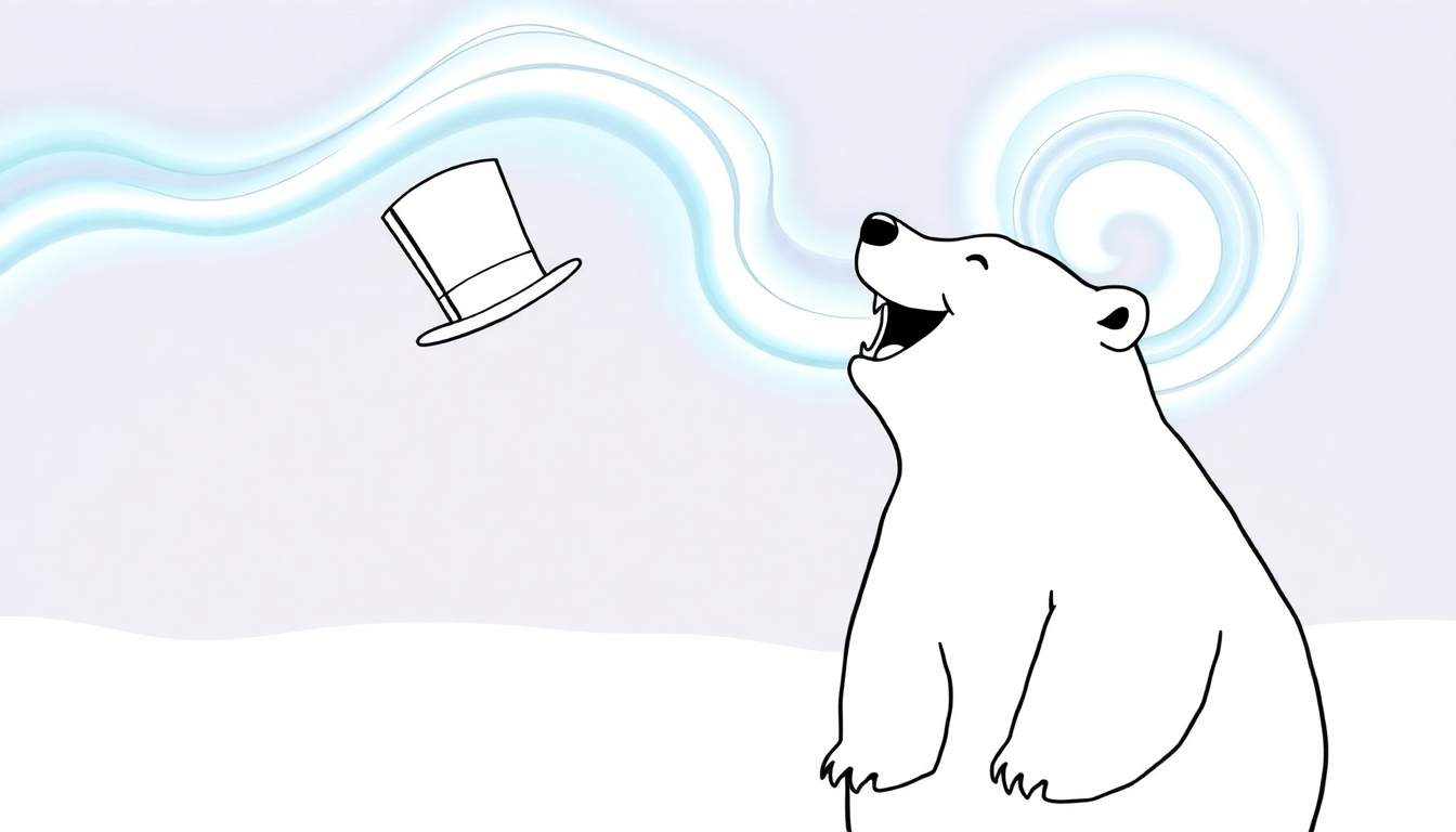 Dibujo para colorear de un oso polar sonriendo y soplando vapor azul y blanco con un sombrero de copa negro a un lado.