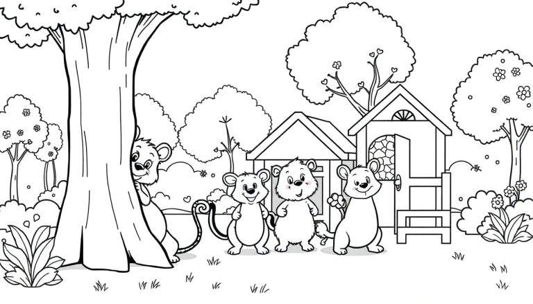 Página para colorear de osos jugando en un jardín, con un oso detrás de un árbol y otros tres osos al frente, junto a una casa de juguete, un banco y árboles con flores.