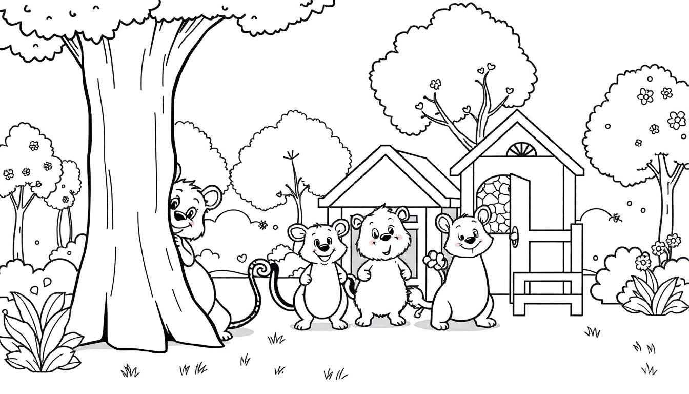Página para colorear de osos jugando en un jardín, con un oso detrás de un árbol y otros tres osos al frente, junto a una casa de juguete, un banco y árboles con flores.