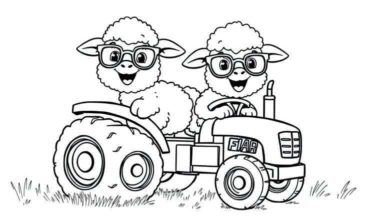 Ilustración para colorear de dos ovejas alegres con gafas conduciendo un tractor Fiat en un campo de hierba.