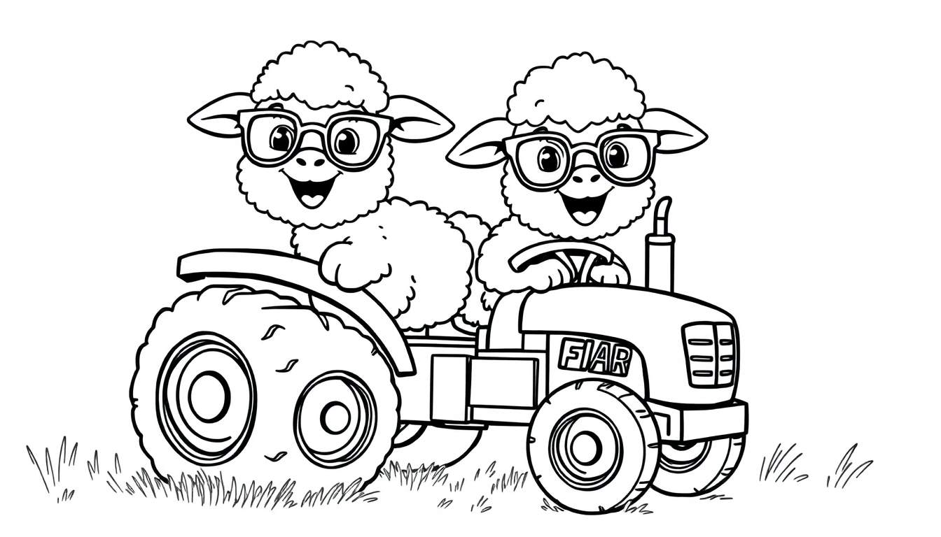 Ilustración para colorear de dos ovejas alegres con gafas conduciendo un tractor Fiat en un campo de hierba.