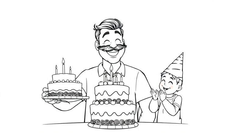 Página para colorear: Padre sonriente con bigote sostiene dos pasteles de cumpleaños mientras su hijo con gorro de fiesta aplaude felizmente.