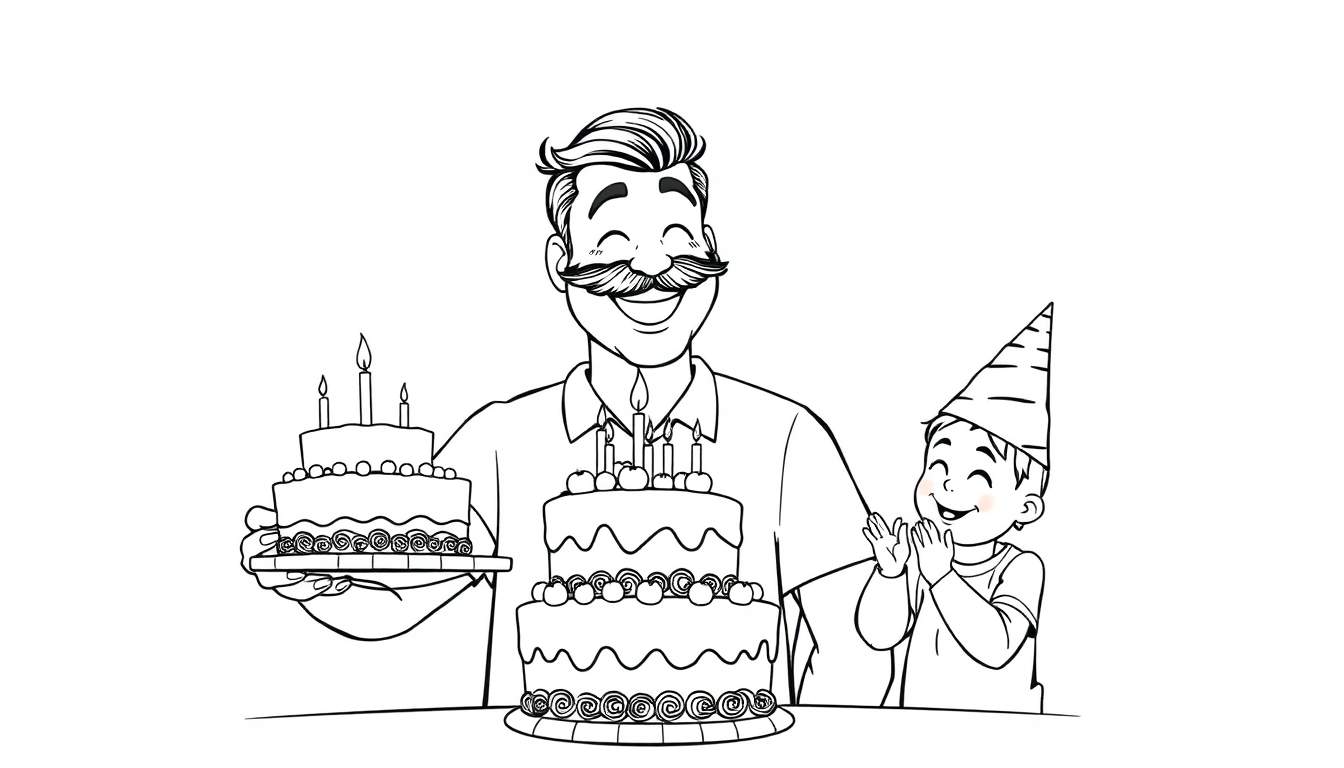 Página para colorear: Padre sonriente con bigote sostiene dos pasteles de cumpleaños mientras su hijo con gorro de fiesta aplaude felizmente.