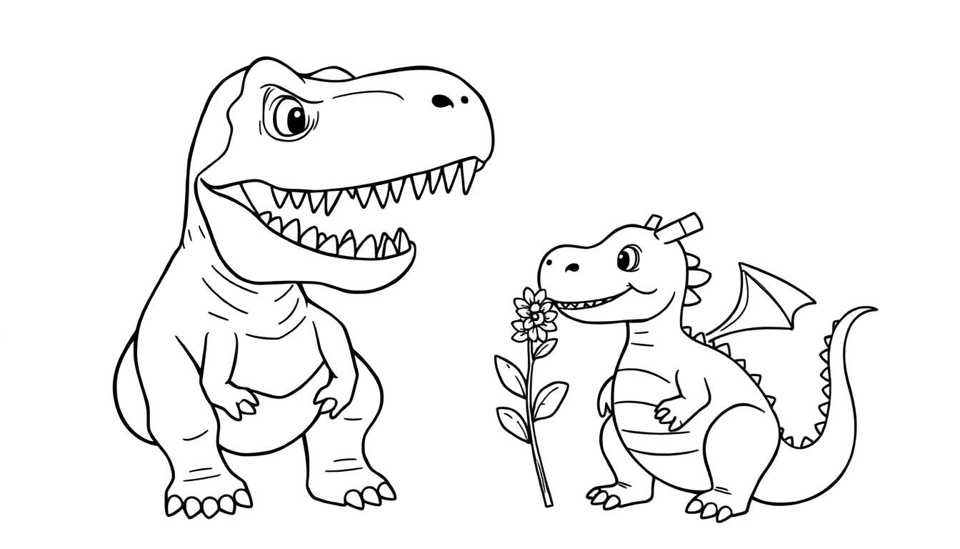 Ilustración en blanco y negro de un Tiranosaurio Rex enfadado con la boca abierta y un pequeño dragón verde con alas y cuernos sosteniendo una flor, mirando al T-Rex. Fondo blanco.