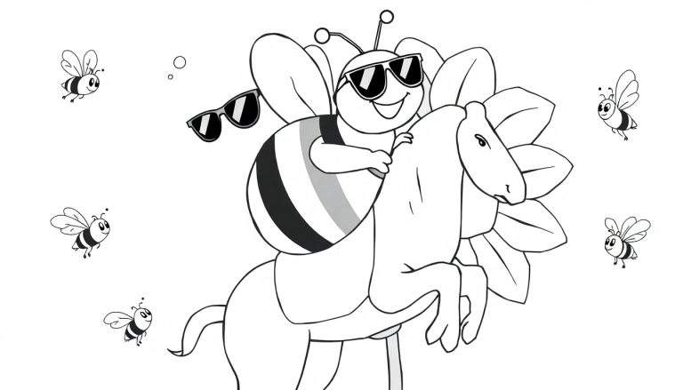 Ilustración para colorear de una abeja sonriente con gafas de sol montada en un caballo salvaje, con abejas pequeñas volando alrededor y una flor grande al fondo.