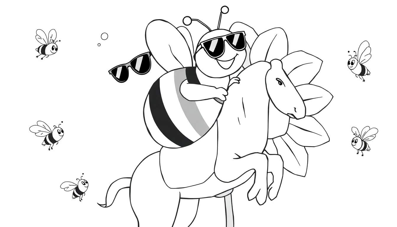 Ilustración para colorear de una abeja sonriente con gafas de sol montada en un caballo salvaje, con abejas pequeñas volando alrededor y una flor grande al fondo.