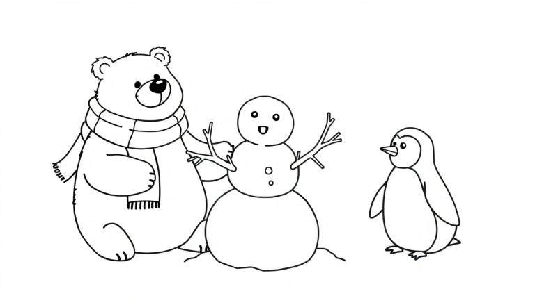 Página para colorear con un oso polar, un muñeco de nieve y un pingüino interactuando en la nieve.