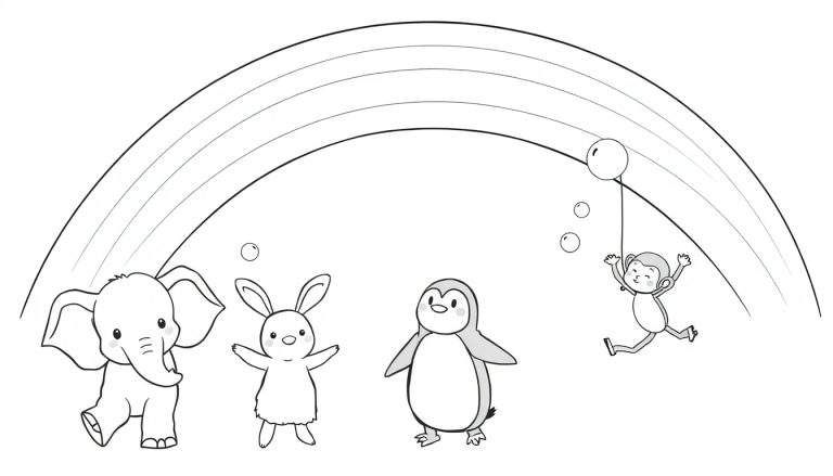 Página para colorear lineal de un arcoíris con un elefante, un conejo, un pingüino y un mono colgado de un globo, rodeado de burbujas.