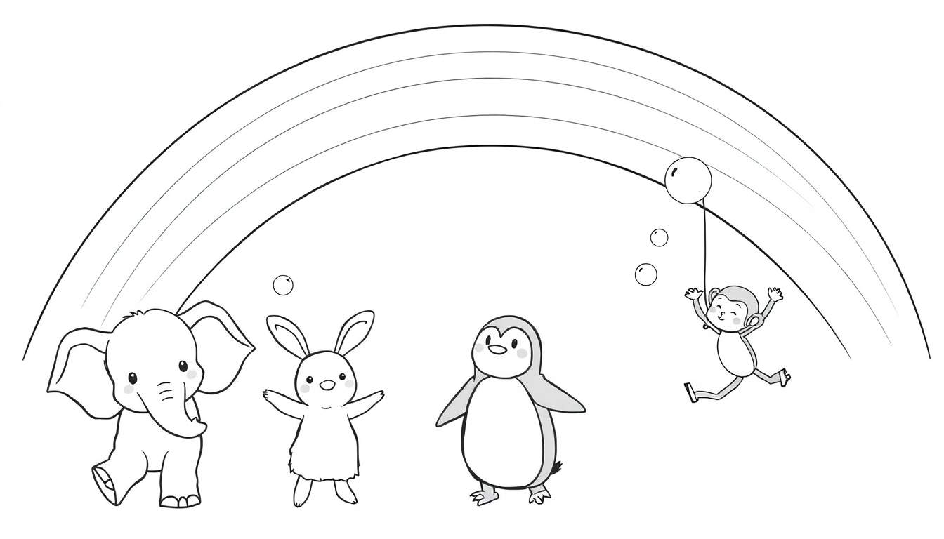 Página para colorear lineal de un arcoíris con un elefante, un conejo, un pingüino y un mono colgado de un globo, rodeado de burbujas.