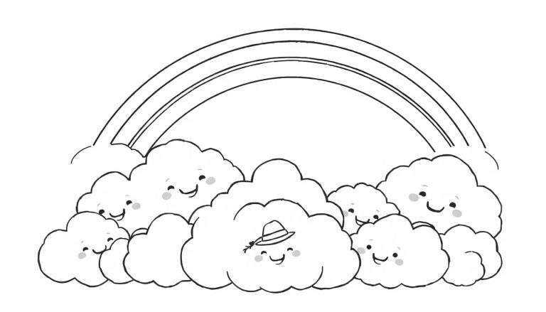Dibujo a blanco y negro de un arcoíris sobre nubes sonrientes, una de ellas con sombrero, para colorear.
