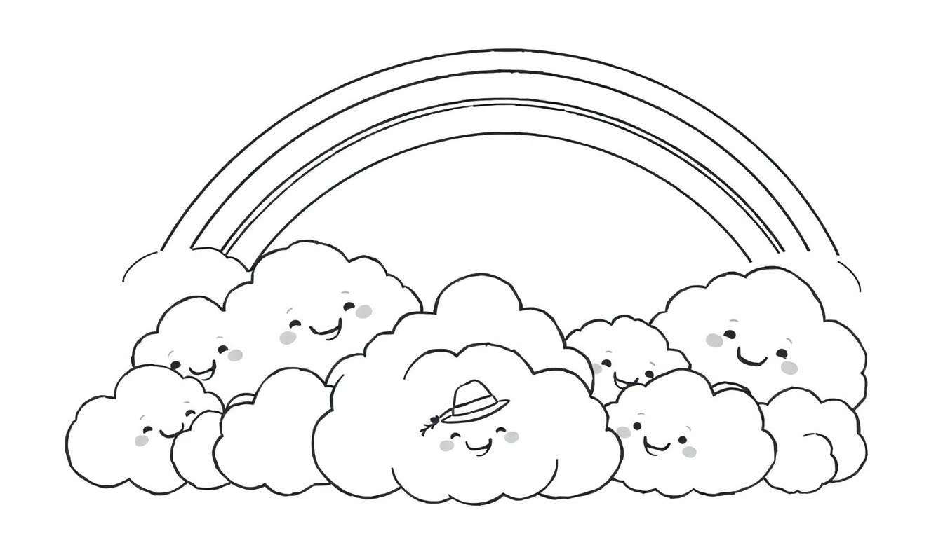 Dibujo a blanco y negro de un arcoíris sobre nubes sonrientes, una de ellas con sombrero, para colorear.