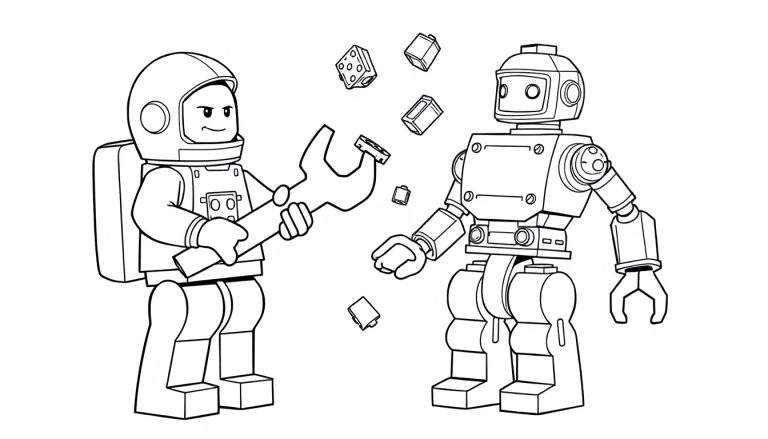 Página para colorear de un astronauta Lego y un robot Lego con bloques flotantes.