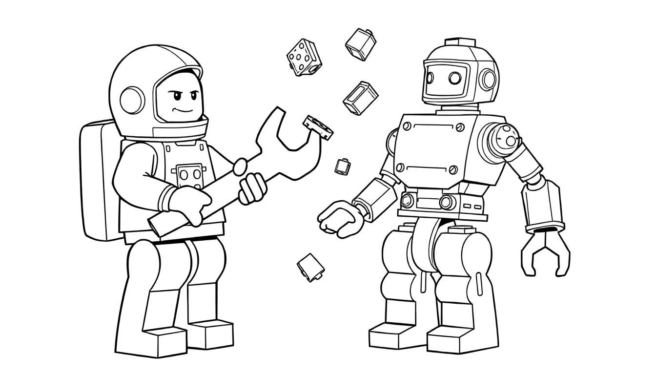 Página para colorear de un astronauta Lego y un robot Lego con bloques flotantes.