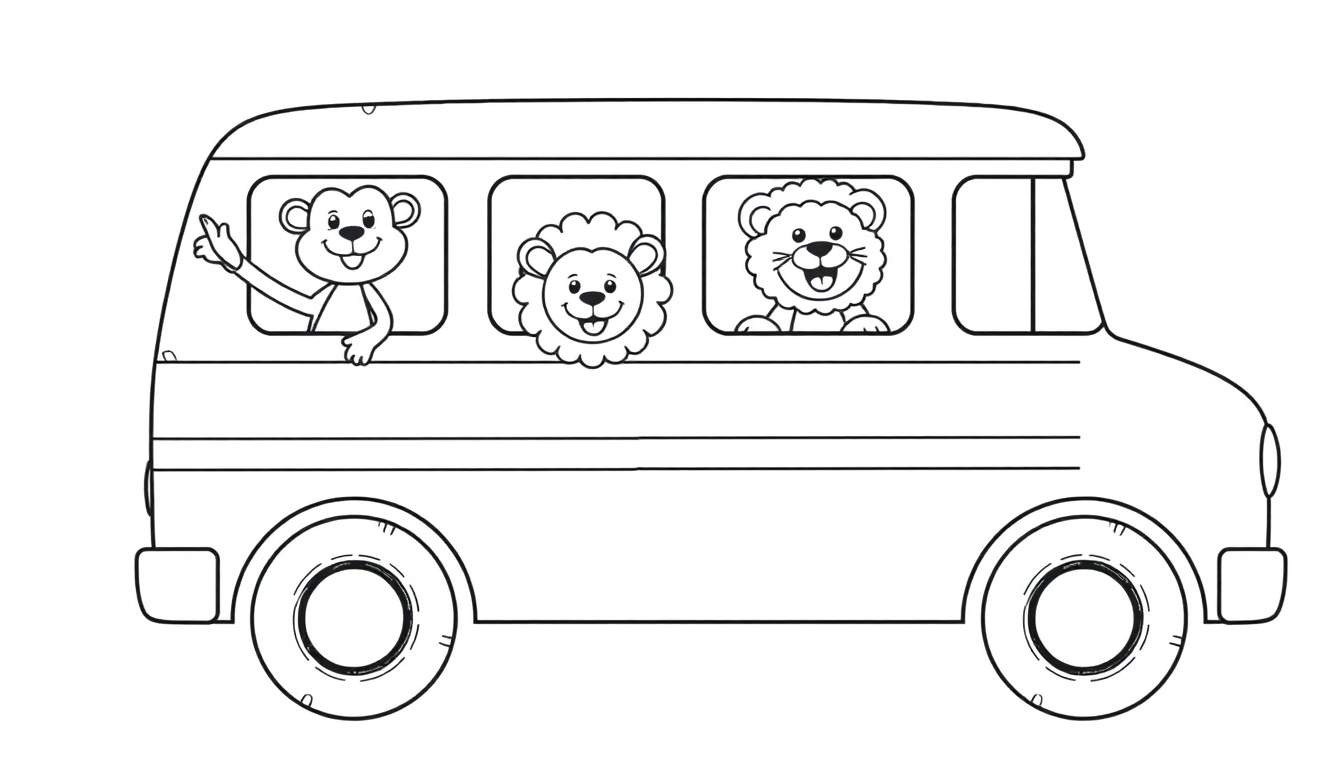 Dibujo lineal en blanco y negro de un autobús escolar con un mono saludando y dos leones sonrientes asomándose por las ventanas.