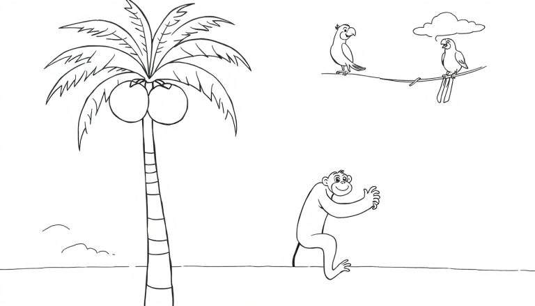 Dibujo lineal en blanco y negro de una escena tropical para colorear: palmera con cocos, dos loros en una rama (uno con una nube de conversación) y un mono sonriente saludando.