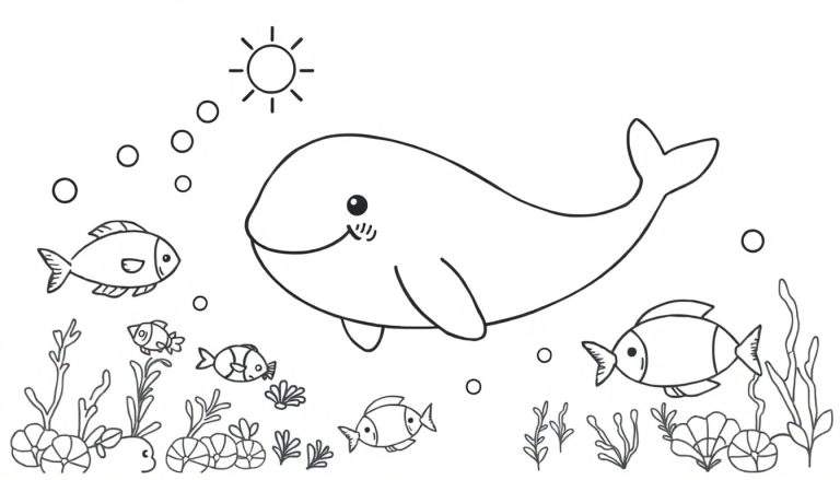 Dibujo a blanco y negro de una escena submarina con una ballena grande y sonriente, peces pequeños, algas, conchas, un sol y burbujas.