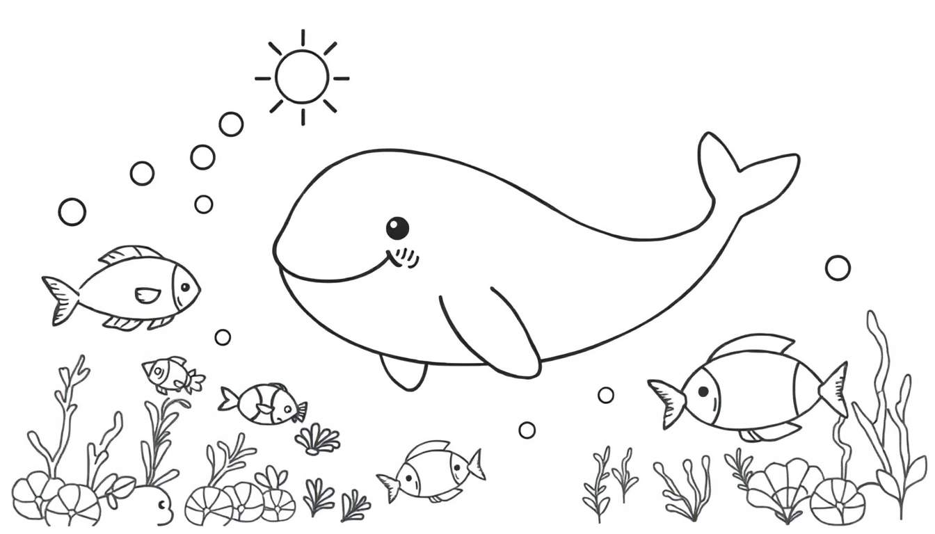 Dibujo a blanco y negro de una escena submarina con una ballena grande y sonriente, peces pequeños, algas, conchas, un sol y burbujas.