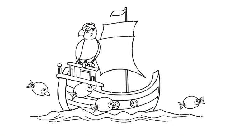 Página para colorear de un barco de vela con un loro en la proa y tres peces nadando alrededor.