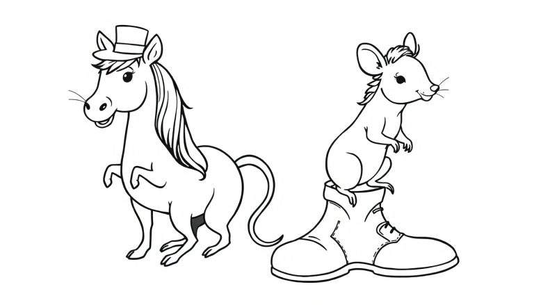 Dibujo a blanco y negro de un caballo elegante con sombrero y un ratón pequeño sonriendo sobre una bota de montaña, listo para colorear.