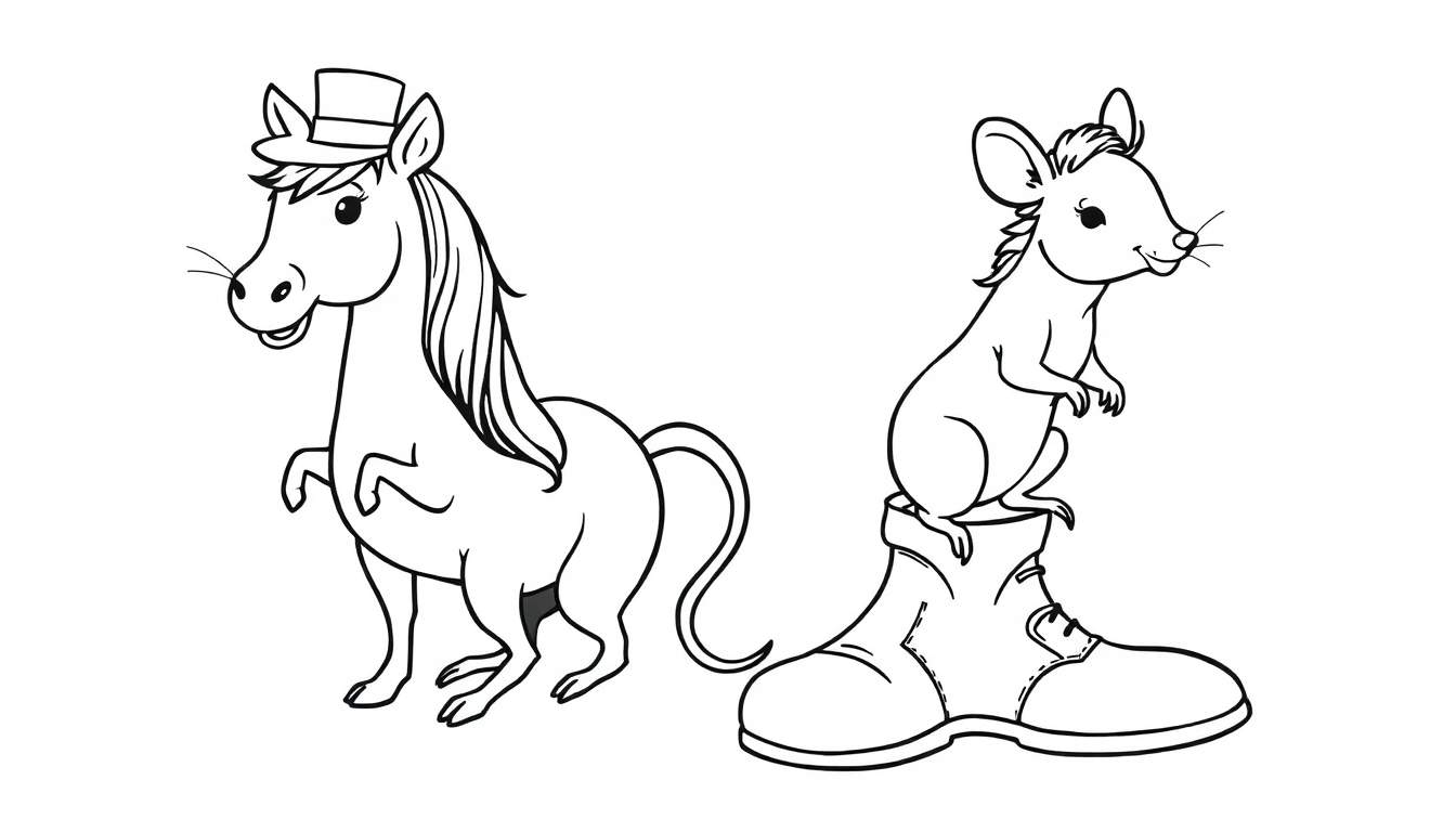 Dibujo a blanco y negro de un caballo elegante con sombrero y un ratón pequeño sonriendo sobre una bota de montaña, listo para colorear.