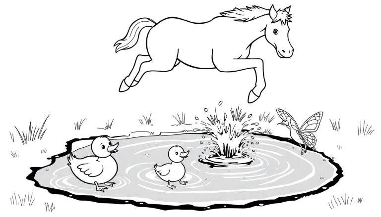 Dibujo para colorear de un caballo saltando sobre un charco de agua, con dos patitos nadando y una mariposa grande con aspecto de pájaro observando.