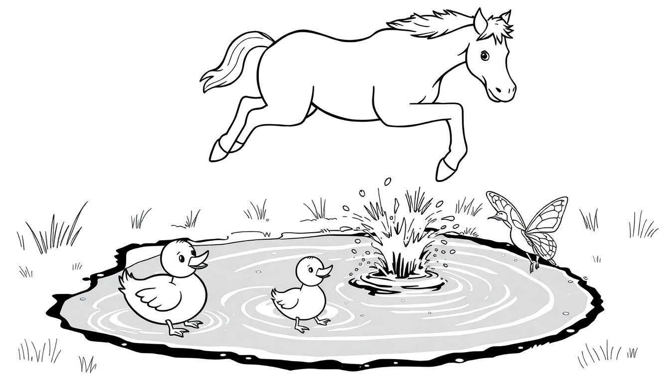Dibujo para colorear de un caballo saltando sobre un charco de agua, con dos patitos nadando y una mariposa grande con aspecto de pájaro observando.