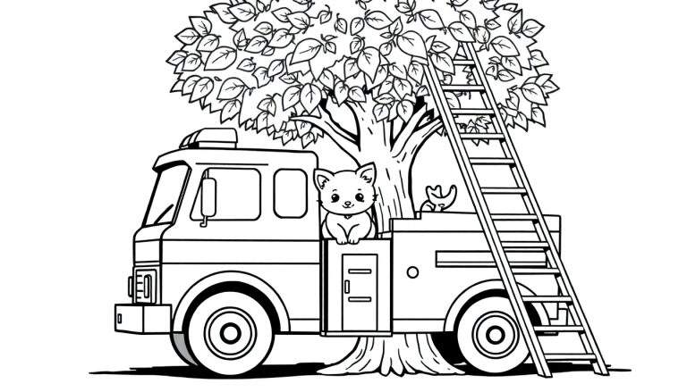 Página para colorear de un camión de bomberos, un árbol con una escalera y un gatito.