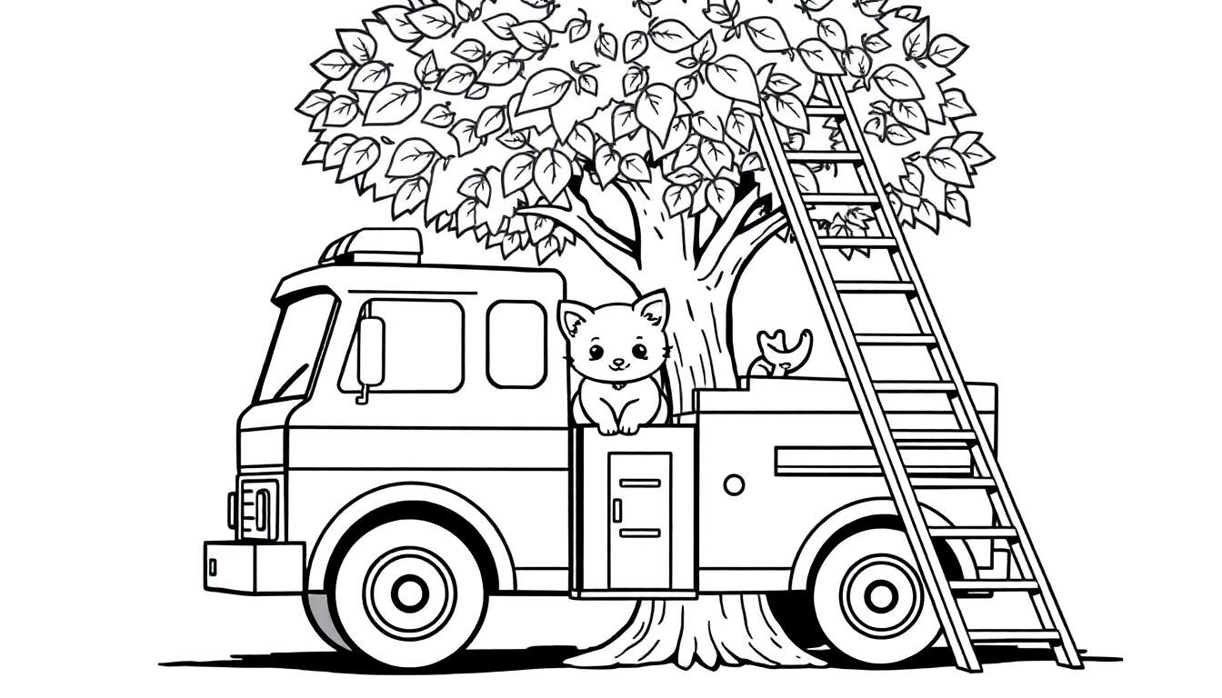 Página para colorear de un camión de bomberos, un árbol con una escalera y un gatito.