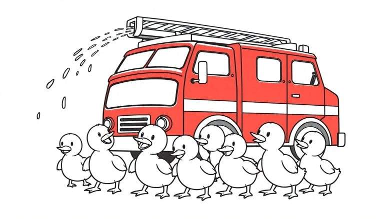 Imagen para colorear de un camión de bomberos rojo rociando agua y patitos blancos cantando detrás.