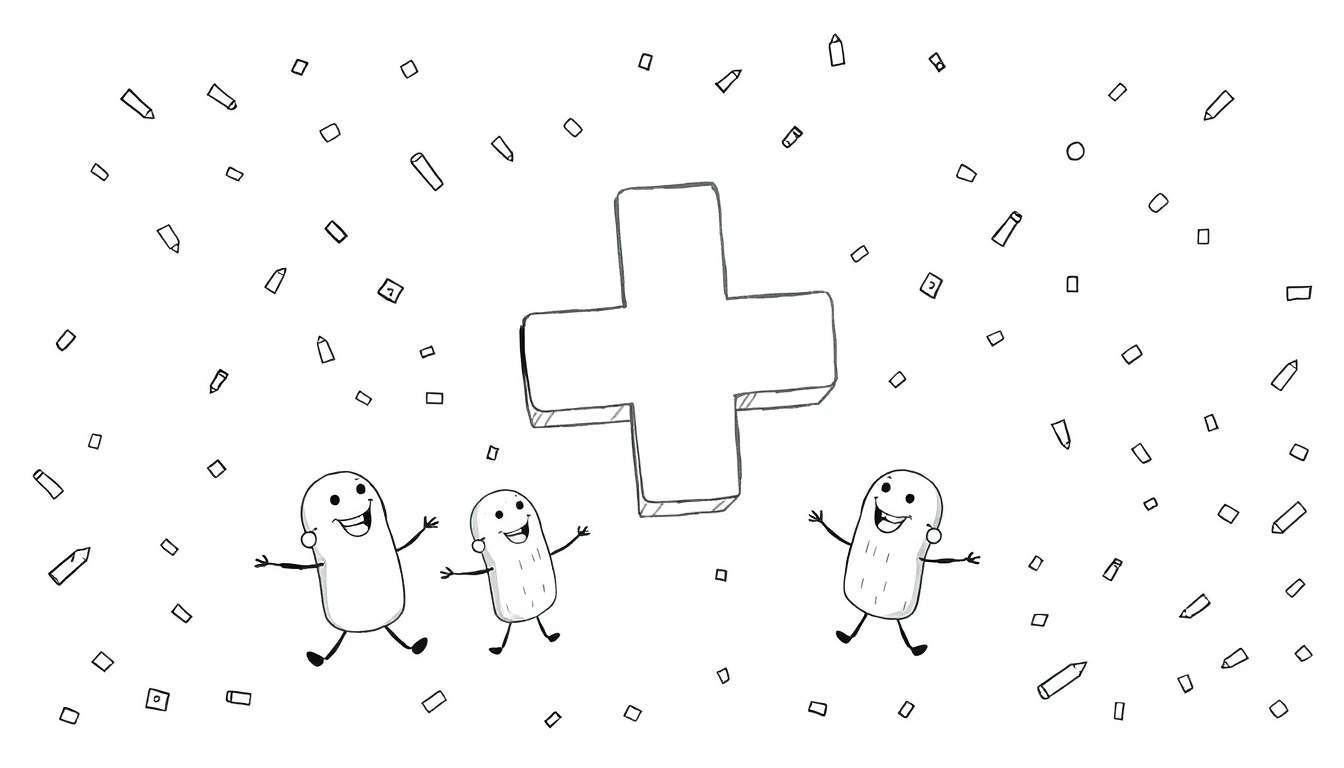 Página para colorear con tres personajes sonrientes tipo judía bailando alrededor de una gran cruz blanca, con confeti y lápices dispersos.