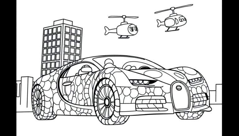Página para colorear con un coche deportivo redondo, dos helicópteros y un edificio alto.
